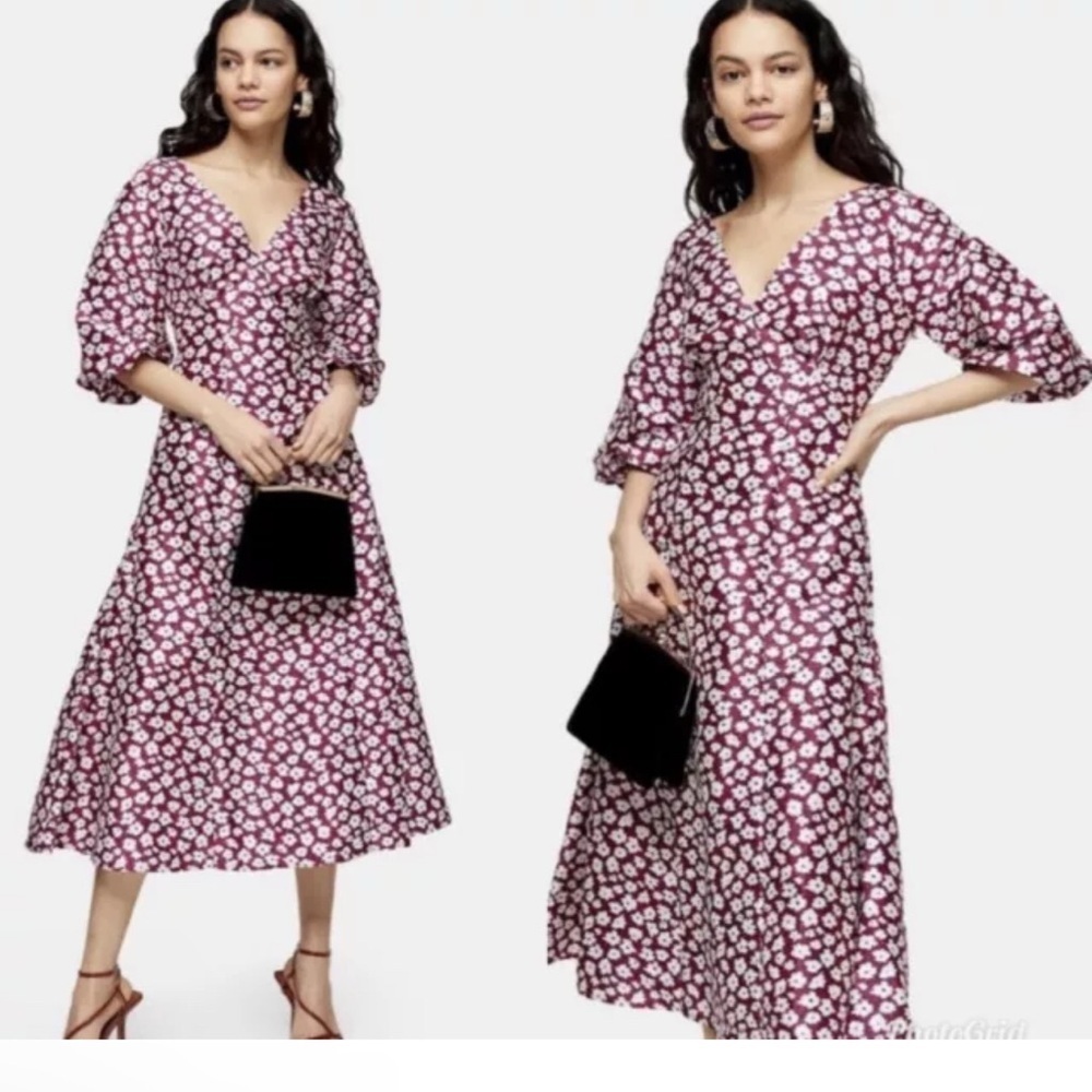 Topshop Red Blue Daisy Print Puff Sleeve Midi Dress size 4